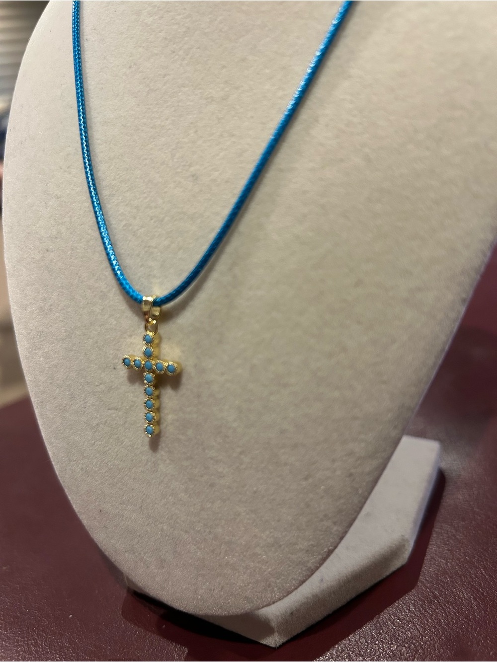Adina Eden Gold Cross Pendant with Turquoise Stones on 17 To 19” Blue Cord - Picture 6 of 6